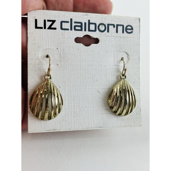 Liz Claiborne Gold Tone Dangle Earrings Open Cutout Seashell Teardrop Pierced NE - Picture 9 of 9